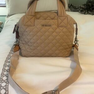 MZ Wallace Cream and Tan Crossbody Bag with Quilted Texture and Adjustable Strap